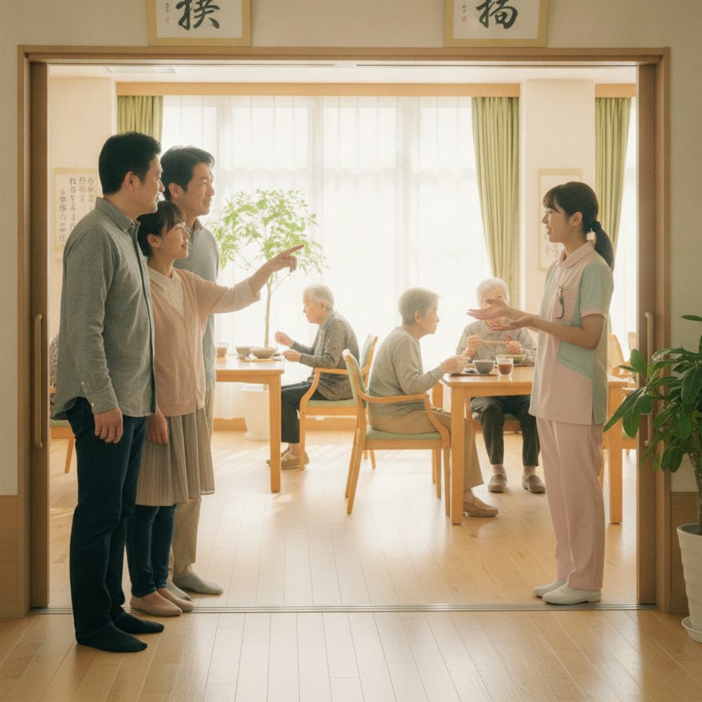 職員の案内で食堂を見学する家族