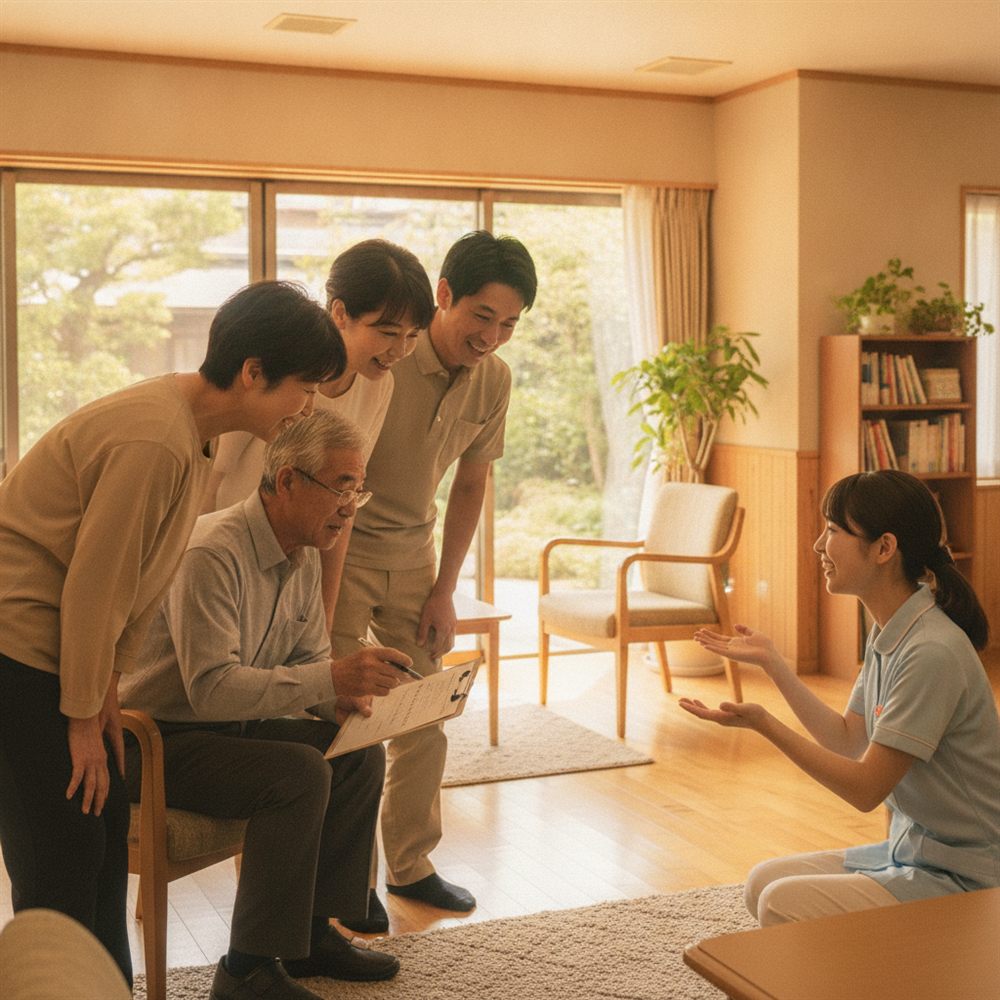 見学中にチェックリストを使う家族