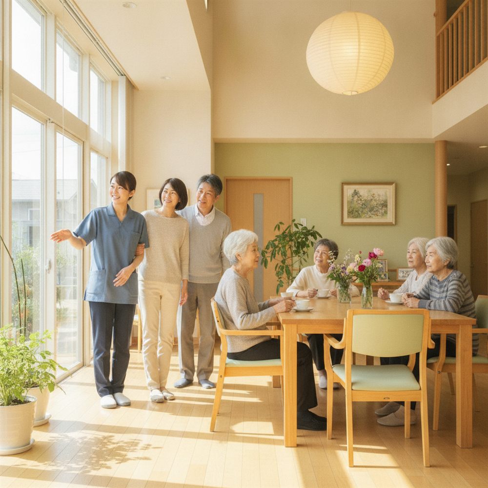 職員の案内で食堂を見学する家族