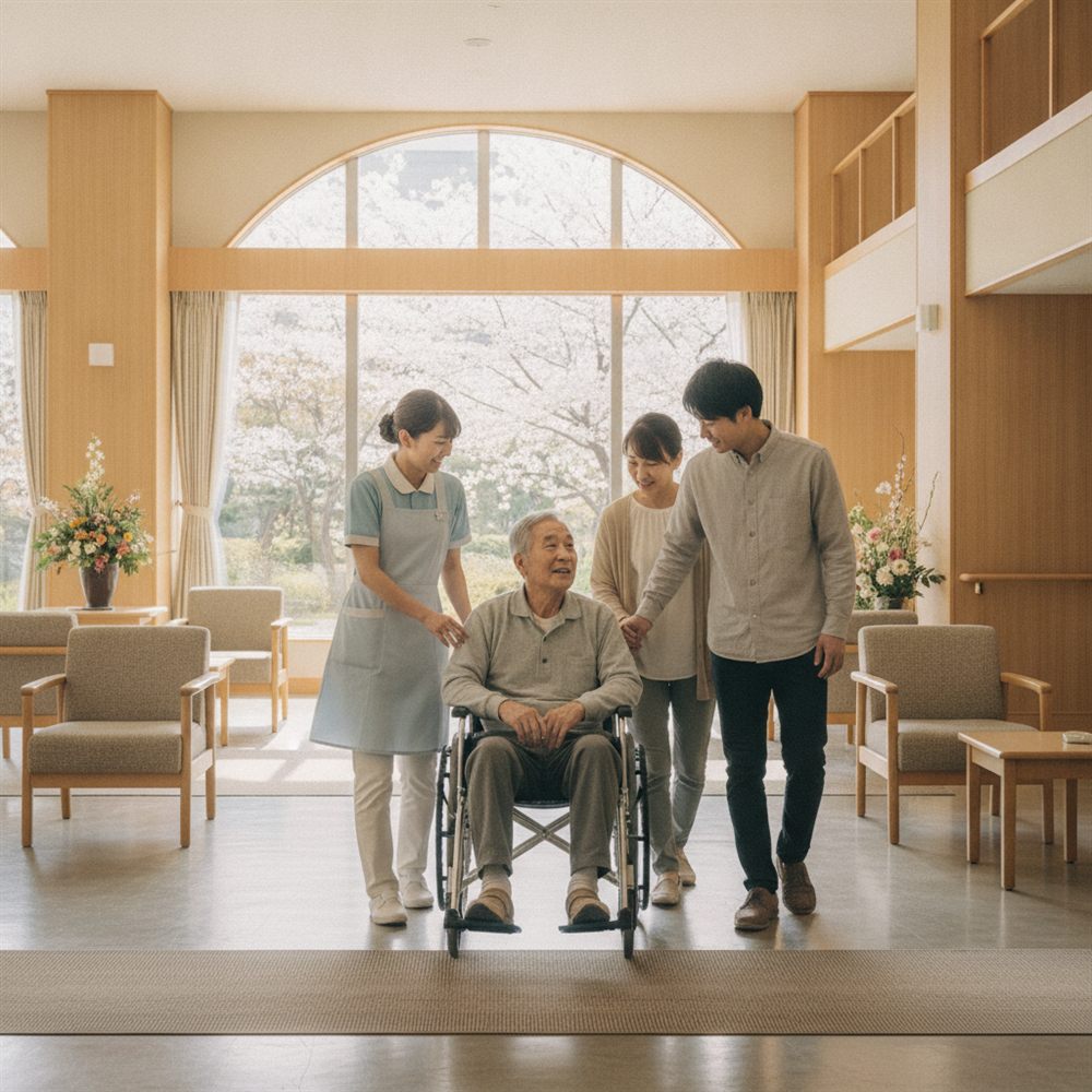 退院する高齢者を支える看護師と家族