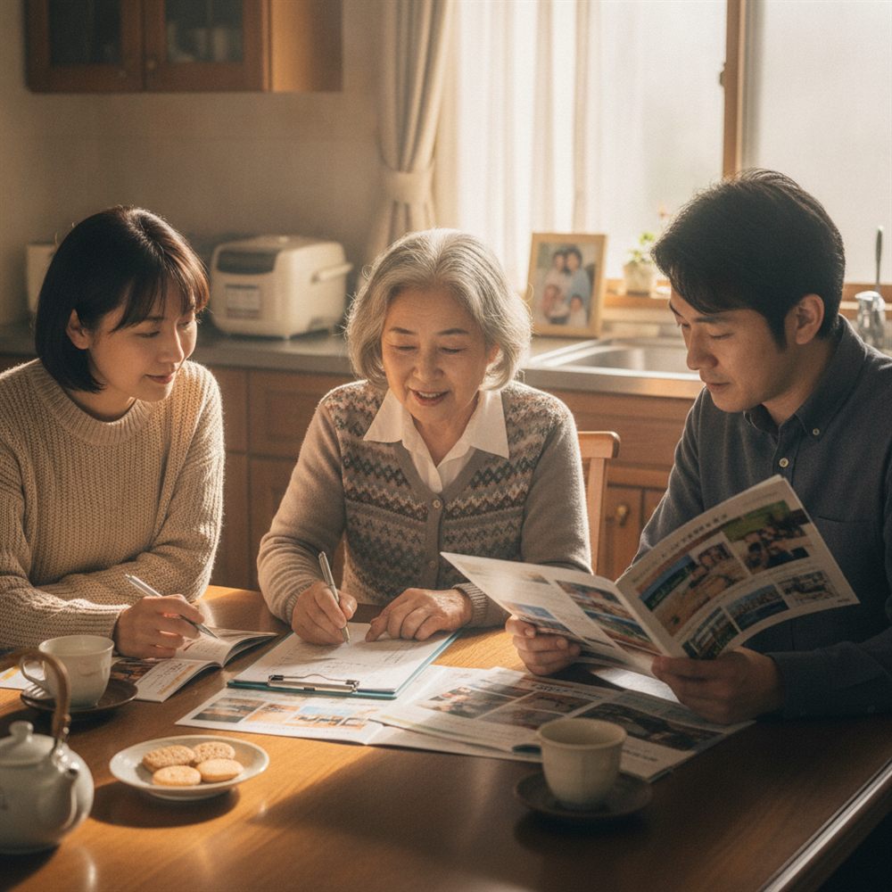 相談員が家族に施設の種類の違いを説明する様子