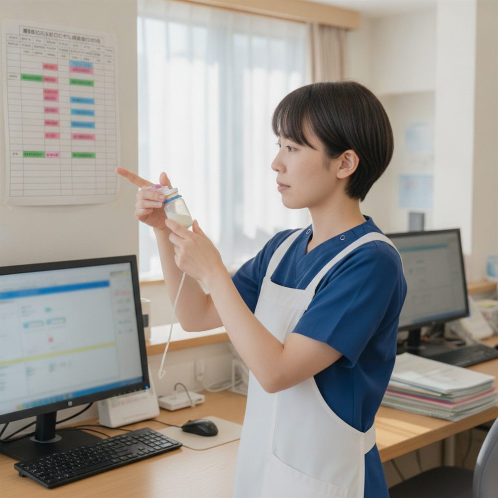 看護師が栄養剤と注入スケジュールを確認している様子