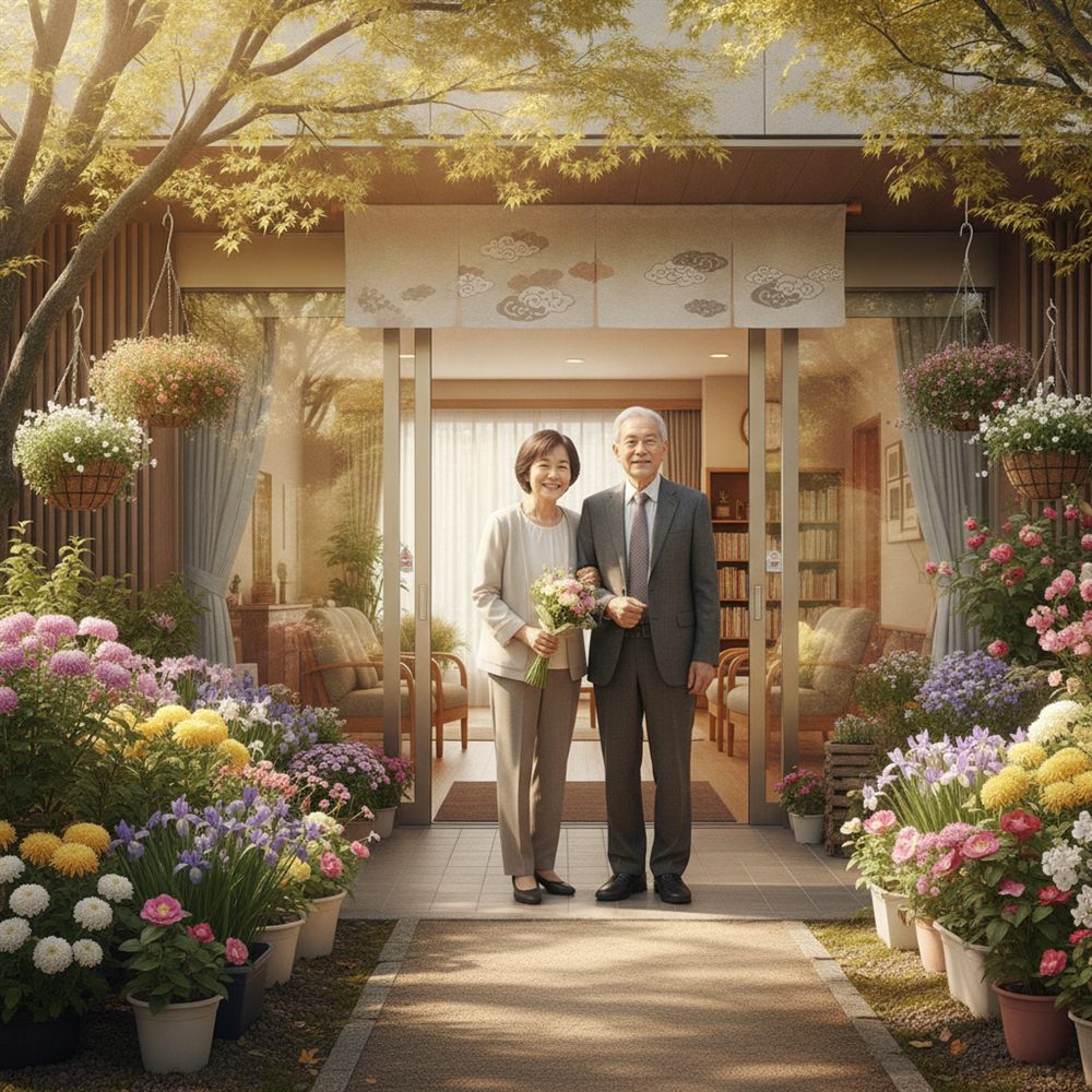 花の咲く施設入口の高齢のご夫婦と家族