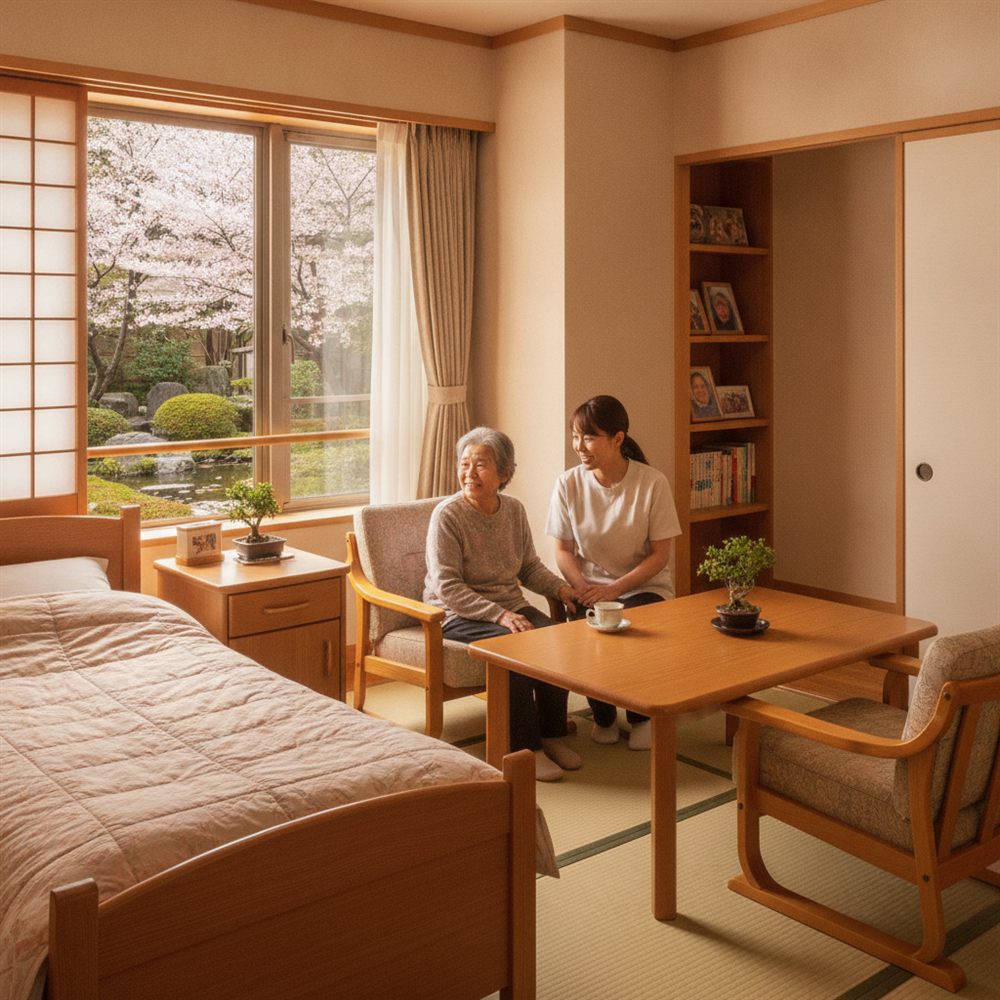 木の家具と庭が見える明るい個室