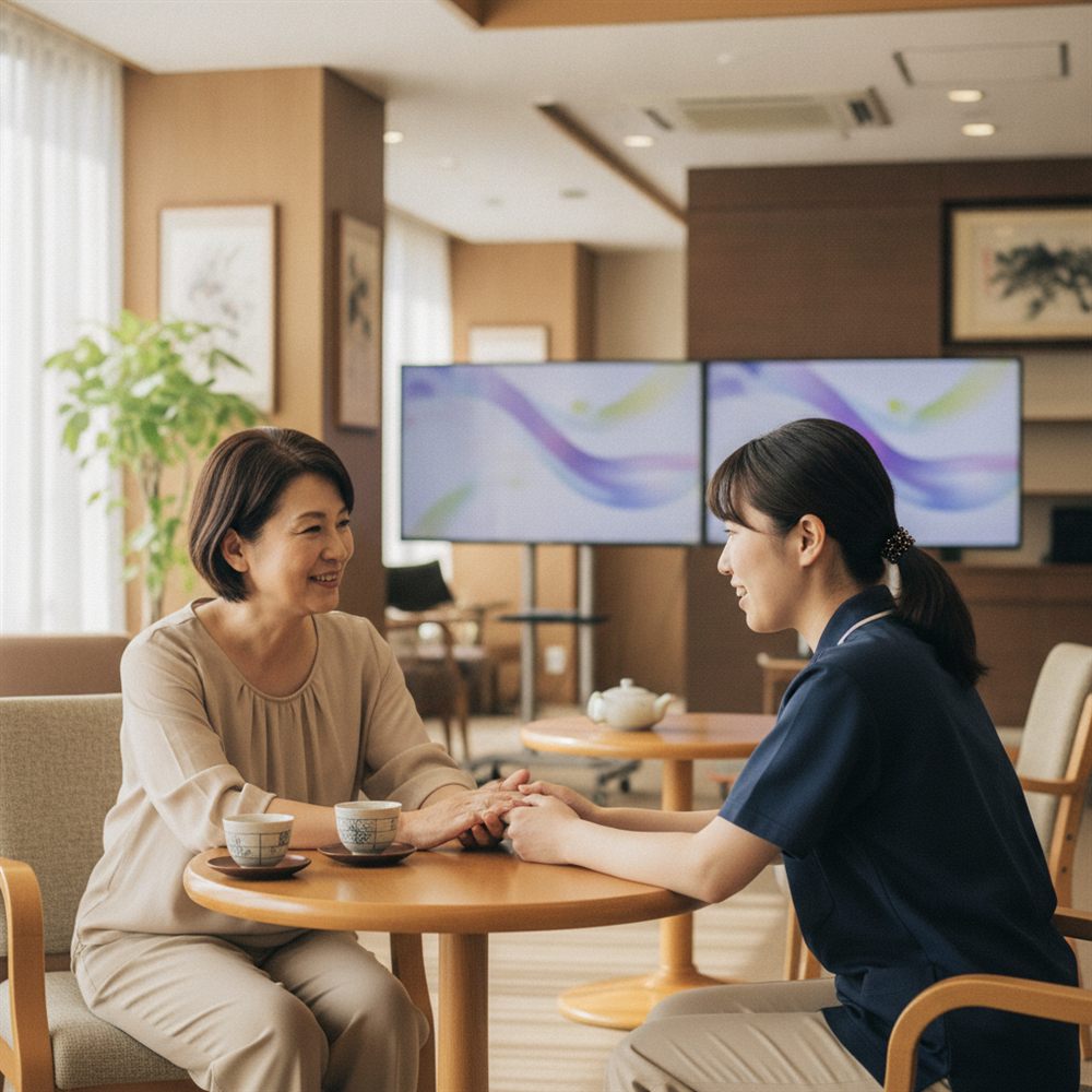 家族と施設スタッフが今後のケアについて話し合う様子