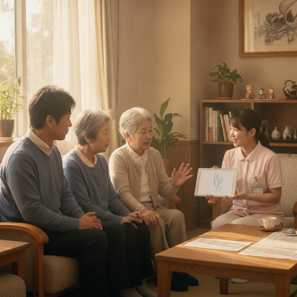 家族が施設スタッフに状態や希望を伝えて相談している様子