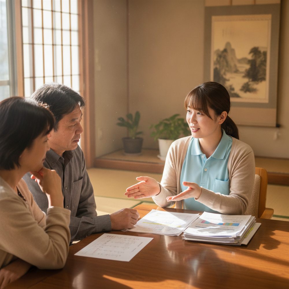 費用を抑える制度の資料を見ながら家族に説明する相談員