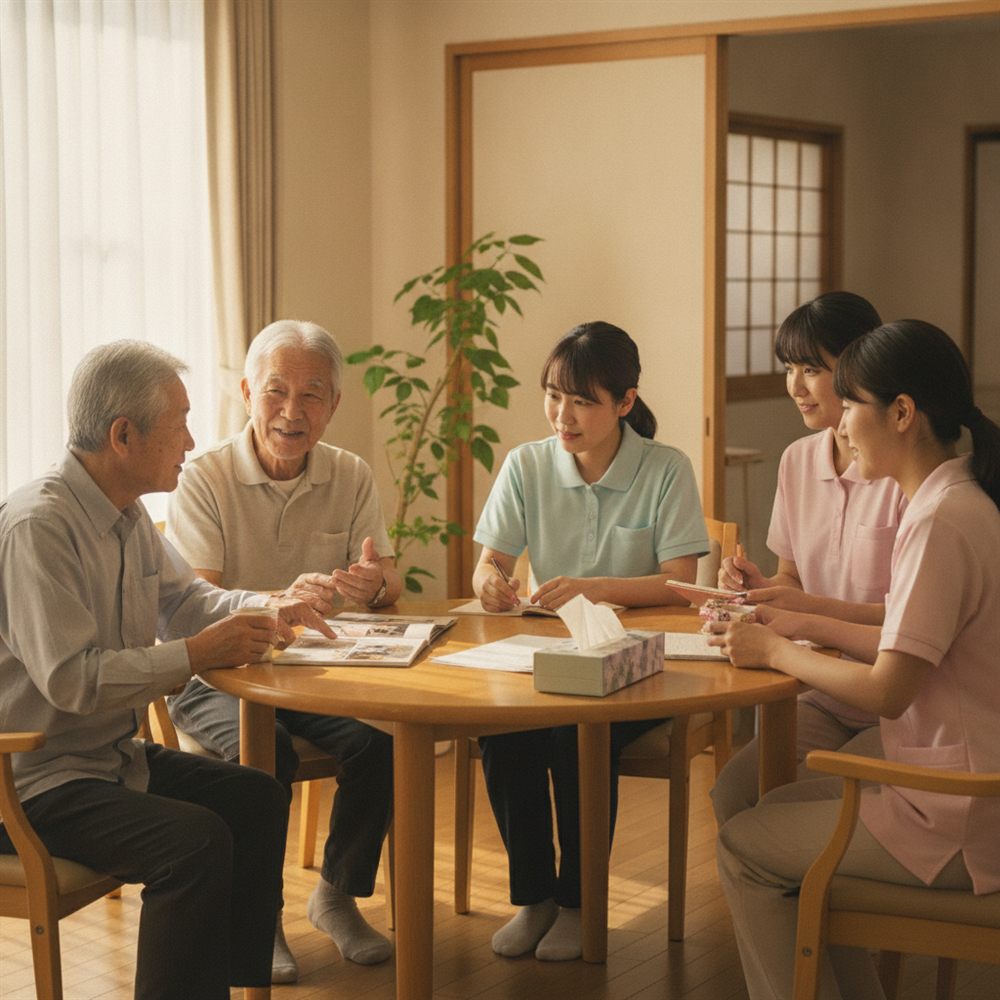 家族とスタッフが本人の生活歴や人柄を共有しながら相談する様子