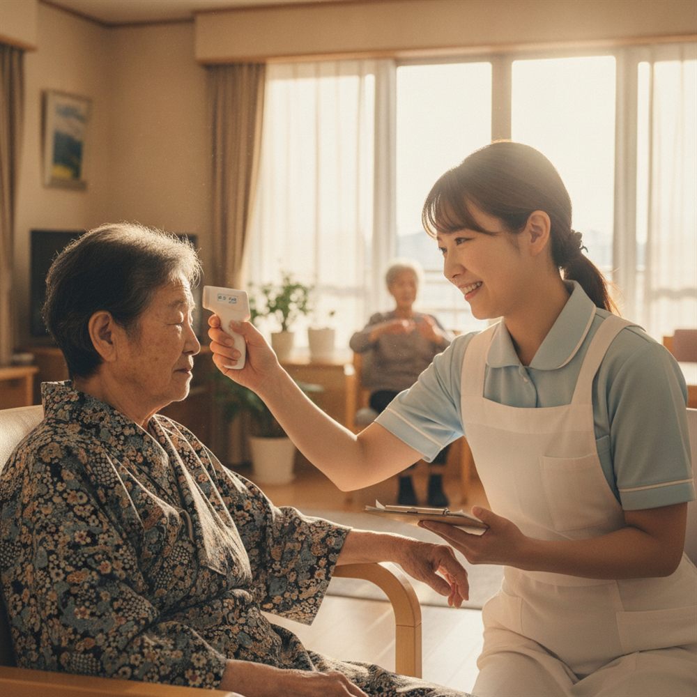 看護師が高齢者の体温や様子を確認し記録している様子