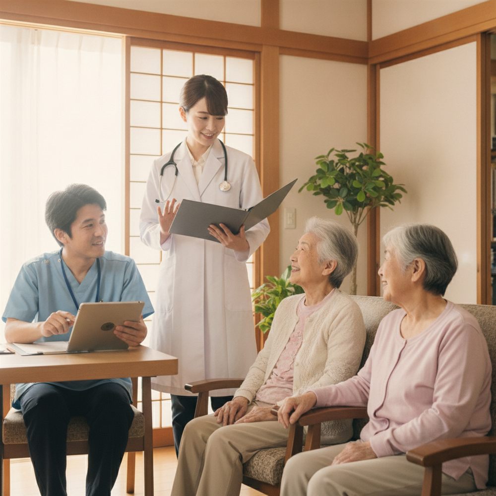 退院に向けて医療情報を施設スタッフへ引き継ぐ様子