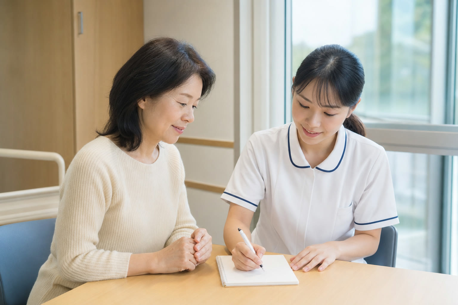 退院前の面談で必要な情報を書き出す家族と看護師