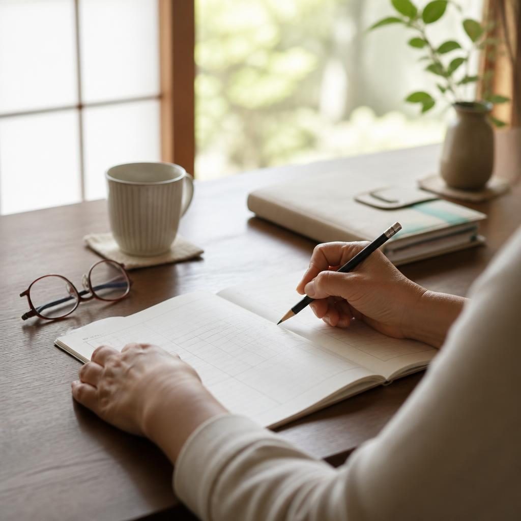 ノートに時間帯と回数を書き出している家族の手元のイメージ