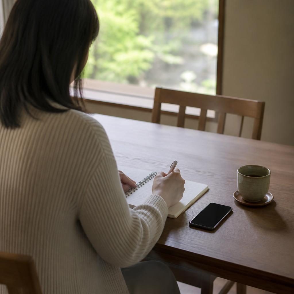 施設の見学前に電話で確認事項をメモに書き出している手元のイメージ