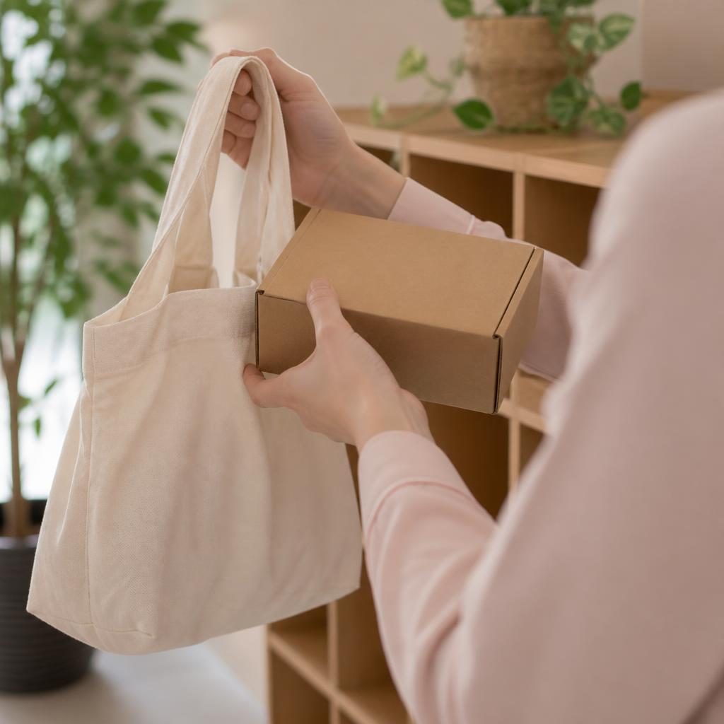 施設の玄関で入居の荷物を受け取るスタッフの手元と観葉植物のイメージ