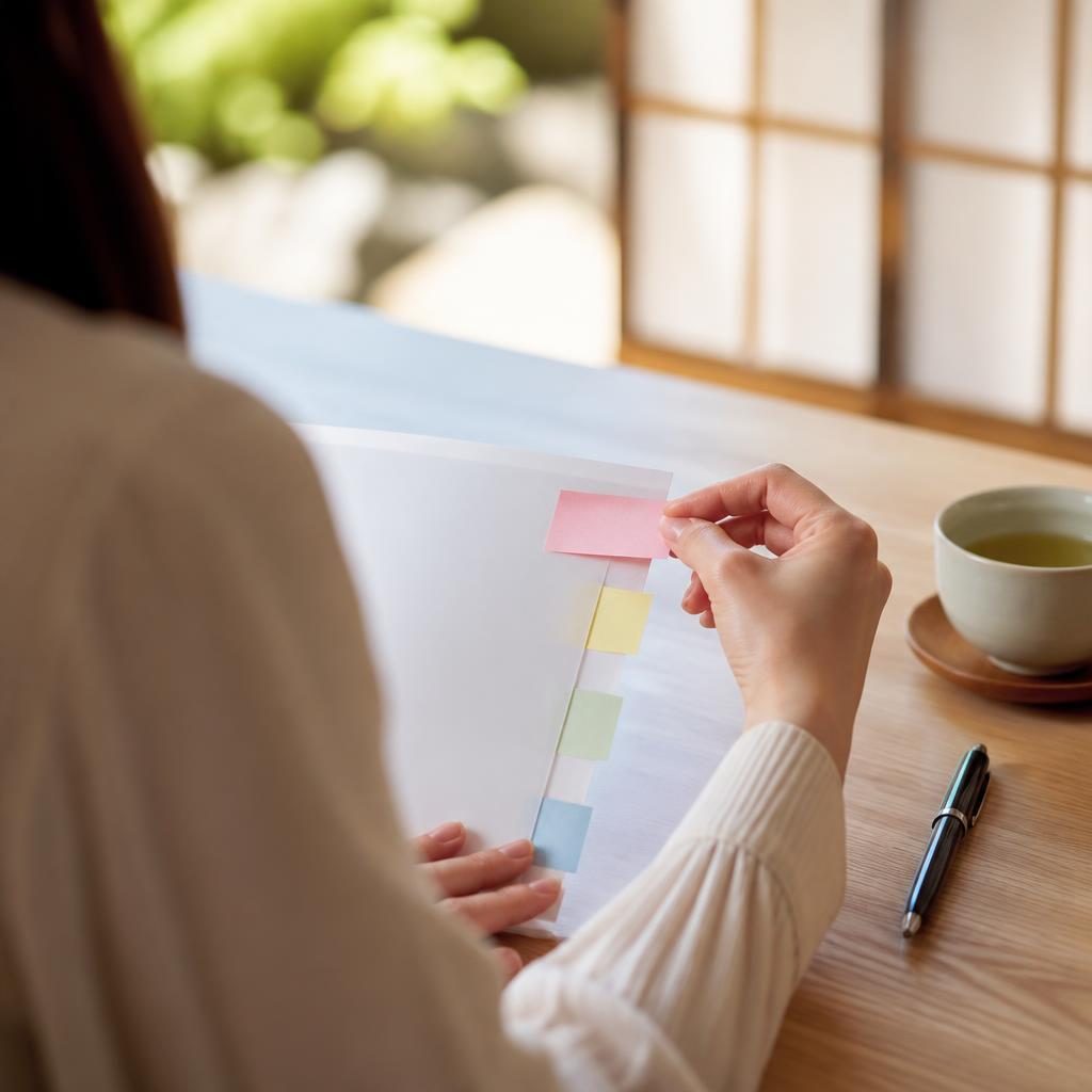 申込書類のファイルに付箋で連絡先と更新日を書いて貼っている手元のイメージ