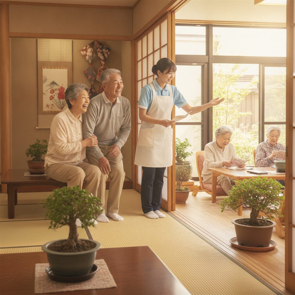 職員の案内で施設を見学する家族